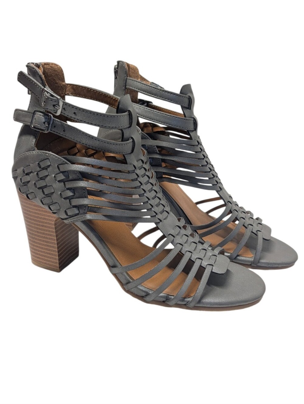 Madeline Women's Gray Leather Buckle Strappy Open Toe Block Heel Sandals 9M